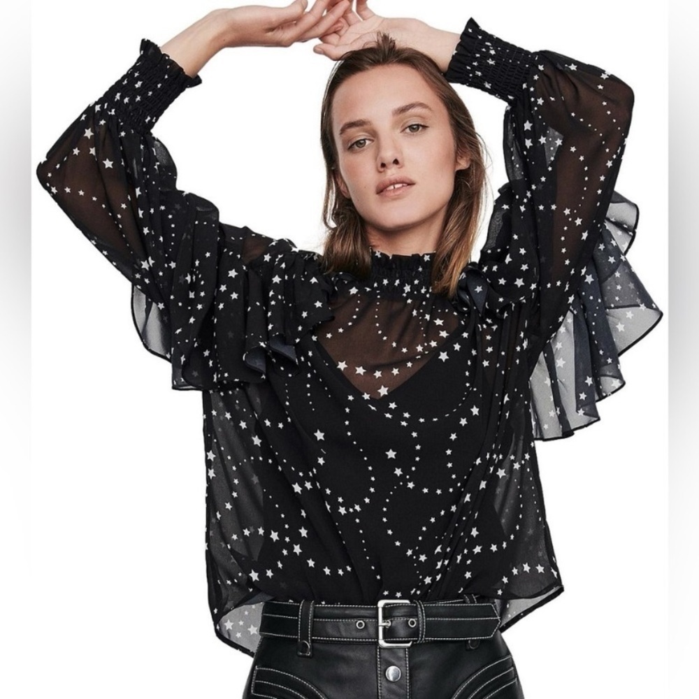 Maje black star print blouse top with ruffles 26826